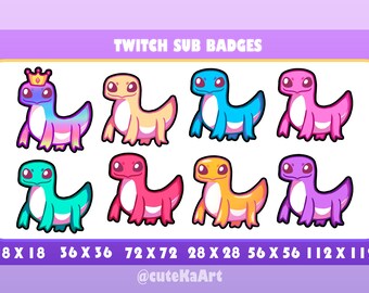 May include: Eight different Twitch sub badges featuring a cartoon lizard in various colours, including pink, blue, yellow, green, and purple. The badges are in different sizes, ranging from 18x18 to 112x112 pixels. The text "TWITCH SUB BADGES" and "@cuteKaArt" are also included in the image.