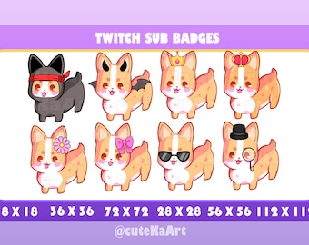 cute corgi / Twitch Sub badges / Twitch graphics / bits badges / big pack / kawaii / Streamer / emote /bits