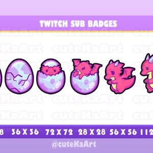 Puede incluir: Seis insignias de suscripción de Twitch que muestran un dragón rosa en varias etapas de eclosión de un huevo. Las insignias son de diferentes tamaños, que van desde 18x18 píxeles hasta 112x112 píxeles. El texto "TWITCH SUB BADGES" y "@cuteKaArt" también se incluyen en la imagen.