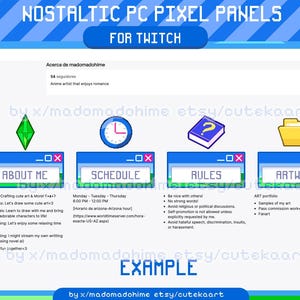 May include: A digital art graphic with a pixelated design, featuring panels for Twitch streams. The panels include "About Me," "Schedule," "Rules," and "Artwork," with accompanying icons and text. The color scheme is primarily blue and white.