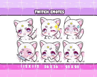 May include: Six white cat Twitch emotes with different expressions. The emotes are in a grid of two rows and three columns. The emotes are 112 x 112 pixels, 56 x 36 pixels, and 28 x 28 pixels.