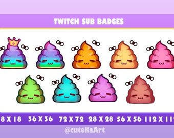 May include: A set of eight Twitch sub badges featuring a cartoon poop emoji in different colours and sizes. The badges are labelled with the dimensions 18 x 18, 36 x 36, 72 x 72, 28 x 28, 56 x 56, and 112 x 112. The text "@cuteKaArt" is at the bottom of the image.