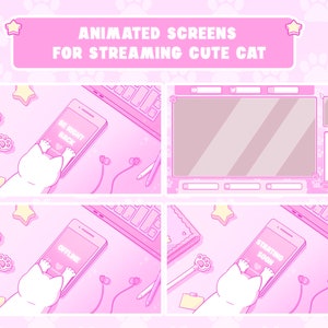 Puede incluir: Cuatro pantallas animadas para streaming con un lindo gato blanco sosteniendo un teléfono inteligente. Las pantallas muestran el texto "Be Right Back", "Offline", "Starting Soon" y una pantalla en blanco.