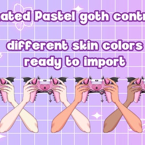 Op de afbeelding: Roze Animated Pastel goth controller met vleermuisvleugelaccenten en een hartvormig ontwerp, vastgehouden door handen met verschillende huidtinten. De tekst op de afbeelding luidt: "Animated Pastel goth controller, verschillende huidskleuren, klaar om te importeren."