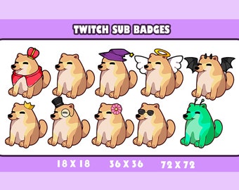 Puede incluir: Un conjunto de insignias de suscripción de Twitch con un perro de dibujos animados con varios disfraces. Las insignias incluyen un perro con corona, sombrero de mago, alas de ángel, cuernos de diablo, etc. El texto "TWITCH SUB BADGES" está en la parte superior, con dimensiones.