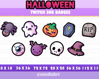 Puede incluir: Un conjunto de ocho insignias de suscripción de Twitch con temática de Halloween que representan una araña, un fantasma, una calabaza, un ataúd, una lápida, un globo ocular, un murciélago vampiro y un sombrero de bruja. Las insignias son de varios tamaños, que van desde 18x18 píxeles hasta 112x112 píxeles. El texto "HALLOWEEN" y "TWITCH SUB BADGES" se muestra en la parte superior de la imagen. El texto "@cuteKaArt" se muestra en la parte inferior de la imagen.
