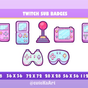 Könnte beinhalten: Ein Set mit 6 Twitch-Abo-Badges mit Retro-Designs von Spielkonsolen und Controllern in Pink, Blau und Grün. Die Badges haben verschiedene Größen von 18x18 Pixel bis 112x112 Pixel. Der Text "TWITCH SUB BADGES" und "@cuteKaArt" ist ebenfalls im Bild enthalten.