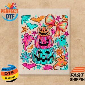 May include: A colorful Halloween-themed design featuring stacked pumpkins, ghosts, bats, and flowers. The pumpkins are stacked and have carved faces. The design includes the text "PERFECT DTF" and "READY TO PRESS DTF TRANSFER".