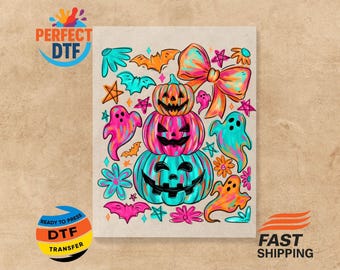 Preppy Halloween Pumpkin Ghost Dtf, Coquette Halloween Ready To Press, Spooky Heat Transfer