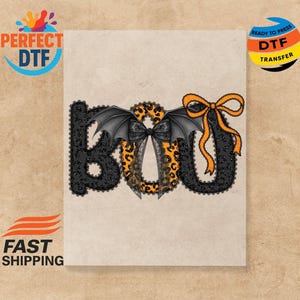 Boo Halloween Coquette pronto para prensar, transferência DTF com laço Boo Coquette, prensa térmica para Halloween, transferência DTF fofa para Halloween, Boo DTF