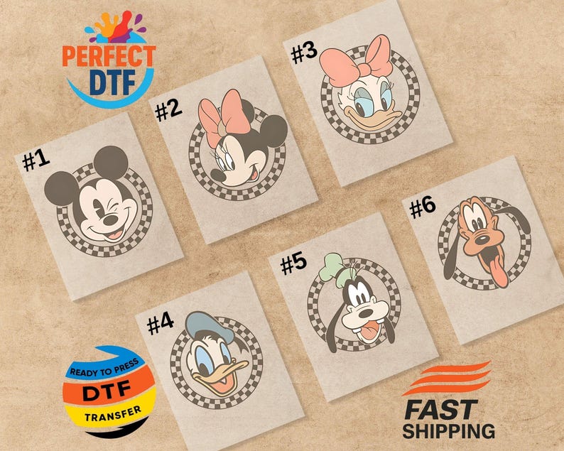 May include: Six DTF (Direct to Film) transfer sheets featuring Disney characters: Mickey Mouse, Minnie Mouse, Daisy Duck, Donald Duck, Goofy, and Pluto. Each character is inside a checkered circle. The image includes the text "PERFECT DTF" and "READY TO PRESS DTF TRANSFER".