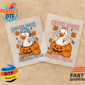 May include: Two DTF transfer sheets featuring cartoon geese in pumpkins. One says "Coolest Goose" with a goose wearing a blue cap. The other says "Cutest Goose" with a goose wearing a pink bow. Both say "At the Pumpkin Patch".