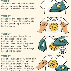 May include: Illustrated guide on how to apply DTF transfers to t-shirts. The steps include ironing the shirt, positioning the design, pressing with an iron for 25-30 seconds, and a second press for 15-20 seconds. The text reads "HOW TO APPLY DTF TRANSFER?"