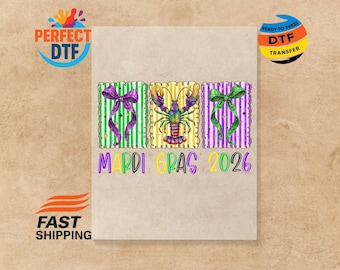 Preppy Mardi Gras 2026 DTF Transfer : Crawfish And Coquette Bow Carnival Ready To Press
