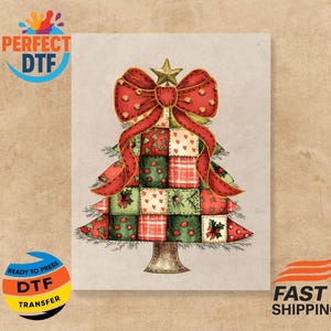 May include: A festive Christmas tree design featuring a large red bow and a gold star. The tree is made up of patchwork squares in red and green, decorated with holiday patterns. The image includes the text "PERFECT DTF" and "READY TO PRESS DTF TRANSFER".