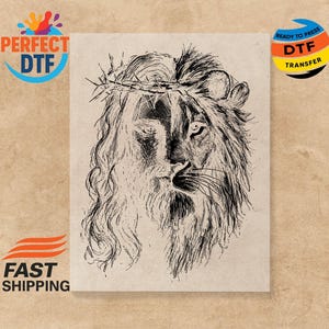 May include: Black and white illustration of a face split between a human and a lion, wearing a crown of thorns. The image has the text "PERFECT DTF" and "READY TO PRESS DTF TRANSFER".