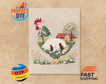 Farmhouse Chicken DTF Transfer Ready To Press Rooster Iron On Country Farm Heat Transfers