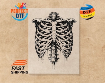 Skeleton Rib Cage DTF Transfer, Vintage Grunge Iron-On, Retro Gothic Ready to Press