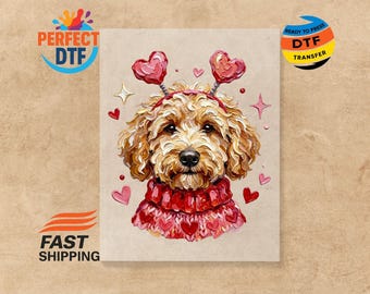 Calcomanía termoadhesiva lista para usar con Goldendoodle pintado a mano: Perro San Valentín