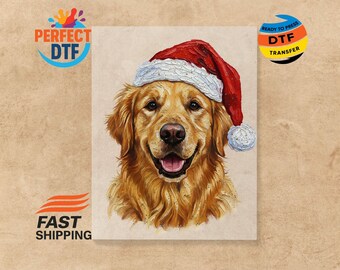 Hand-Painted Christmas Golden Retriever DTF Transfer Holiday Ready-to-Press Dog Mom Iron-On Decal Heat Transfer