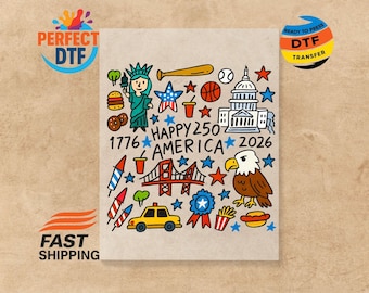 May include: A colorful graphic featuring American icons like the Statue of Liberty, a baseball bat, and the Capitol building. The design includes the text "HAPPY 250 AMERICA 2026" and "1776". The image also includes a yellow car, fireworks, and a bald eagle.