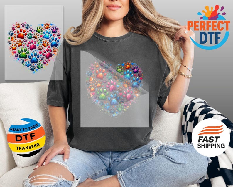 Colorful Dog Paws Heart DTF Transfer: Dog Lover Ready to Press Iron-on ...