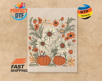 Floral Pumpkin DTF Transfer Fall T-Shirt Design Ready to Press Iron on Decal