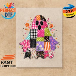 May include: A rectangular transfer sheet featuring a central ghost illustration composed of various colorful fabric patches including plaid, polka dot, floral, and striped patterns. The ghost has three black oval eyes and mouth shapes.