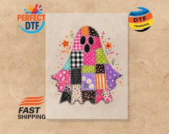 Faux Patchwork Preppy Ghost DTF Transfer, Halloween Ghost Ready to Press, Colorful Spooky Iron-On