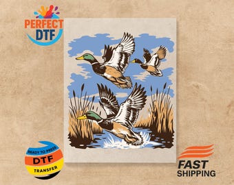 Flying Mallard Ducks DTF Transfer: Vintage Waterfowl Hunting Ready to Press