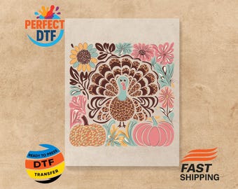Transferencia DTF de pavo floral: Camiseta termoadhesiva de Acción de Gracias de otoño