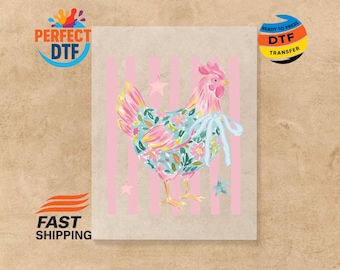 Striped Chicken DTF Transfer, Funny Animal Ready to Press, Colorful Hen Iron-on