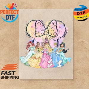 Watercolor Disney Princess DTF Transfer, Minnie Head and Disney Princesses Ready For Press, Magical Fairytale Disney Princesses Dtf