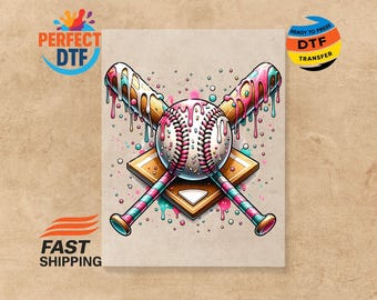 May include: A colourful graphic of a baseball and two crossed bats, with a home plate. The baseball and bats have a dripping, glazed design in pink, blue, and white. The image includes the text "PERFECT DTF" and "READY TO PRESS DTF TRANSFER".