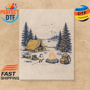 May include: A detailed illustration of a camping scene with a tent, campfire, and lake. The image features a yellow tent, a backpack, boots, and a campfire with sausages. The text "PERFECT DTF" and "READY TO PRESS DTF TRANSFER" are visible.