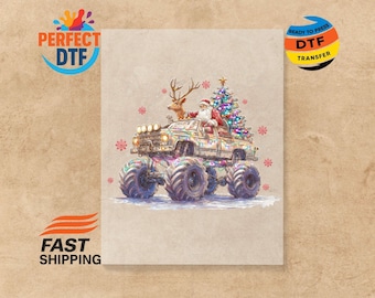 Retro Santa Monster Truck Christmas DTF Transfer: Xmas Kids Iron on