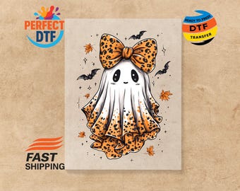 Halloween Boo DTF Transfer, Leopard Ghost Bow Iron-On, Spooky Season Ready to Press