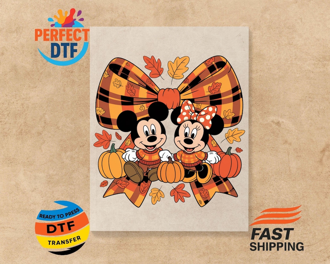 Mickey and Minnie Mouse Fall Pumpkin DTF Transfer: Autumn Plaid Leaf ...