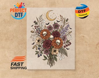 Gothic Floral Skull DTF Transfer, Wildflower Halloween  Ready to Press, Spooky Season Iron-on