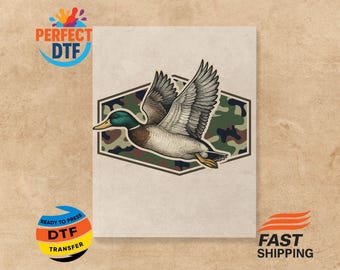 Camo Flying Mallard Duck DTF Transfer: Ready To Press Iron On