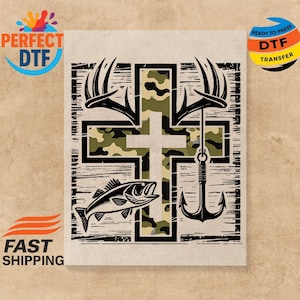 May include: A rectangular design featuring a cross with a camouflage pattern. Antlers are at the top, a fishing hook hangs from the cross, and a fish is at the bottom. The words "PERFECT DTF" and "READY TO PRESS DTF TRANSFER" are also visible.