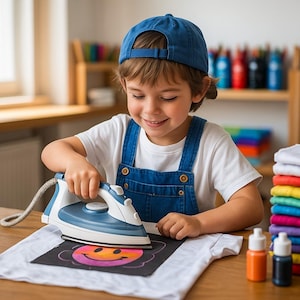May include: A young person wearing a blue cap and denim overalls is ironing a white t-shirt with a colorful smiley face design. The iron is blue and white. Bottles of paint are on the table, and a stack of folded shirts is in the background.