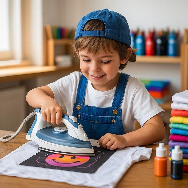 May include: A child wearing a blue cap and denim overalls is ironing a white t-shirt with a colorful smiley face design. The iron is blue and white. Beside the child are bottles of paint and a stack of folded, colorful shirts.