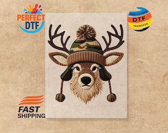 Deer Head in Camo Hat DTF Transfer: Deer Hunting Heat Press Iron on Decal