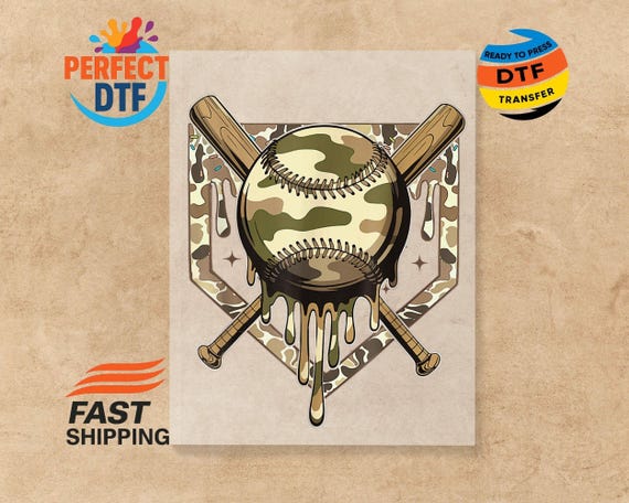 Camo Baseball DTF Transfer: Dripping Baseball Game Day Ready to Press Iron-On Decal