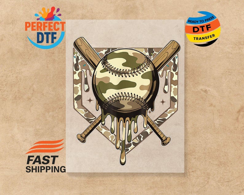 May include: A baseball with a camouflage pattern, crossed bats, and a home plate design. The baseball appears to be melting, with dripping camouflage-coloured paint. The image includes the text "PERFECT DTF" and "READY TO PRESS DTF TRANSFER".