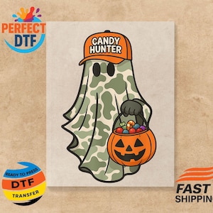 Camo Halloween Ghost DTF Transfer: Candy Hunter Pumpkin Iron-On