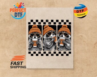 Checkered Fall Raccoon DTF Transfer, Trash Panda Iron-On, Pumpkin Spice Ready to Press