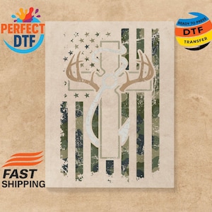 Camo Flag Deer Antler Cross DTF Transfer - Fishing Hook Christian Design Ready to Press