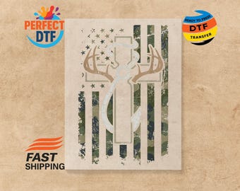 Camo Flag Deer Antler Cross DTF Transfer - Fishing Hook Christian Design Ready to Press